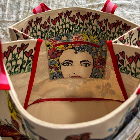 Brighton Beige Cream Pink Red Striped Birds Love Tweet Tote Bag Limited Edition - Picture 8 of 10